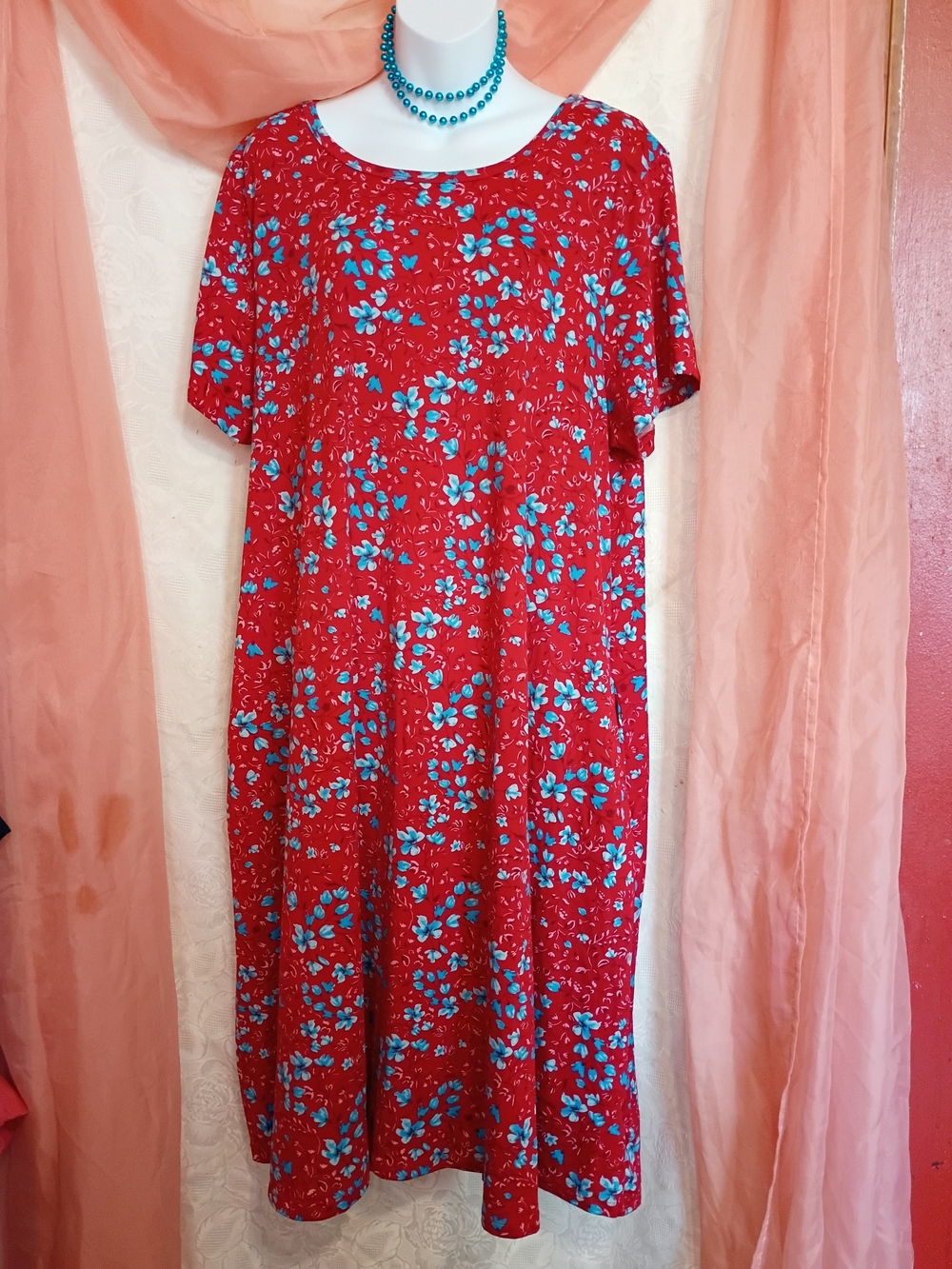 LuLaRoe Red Maxi Dress with Blue Floral Print